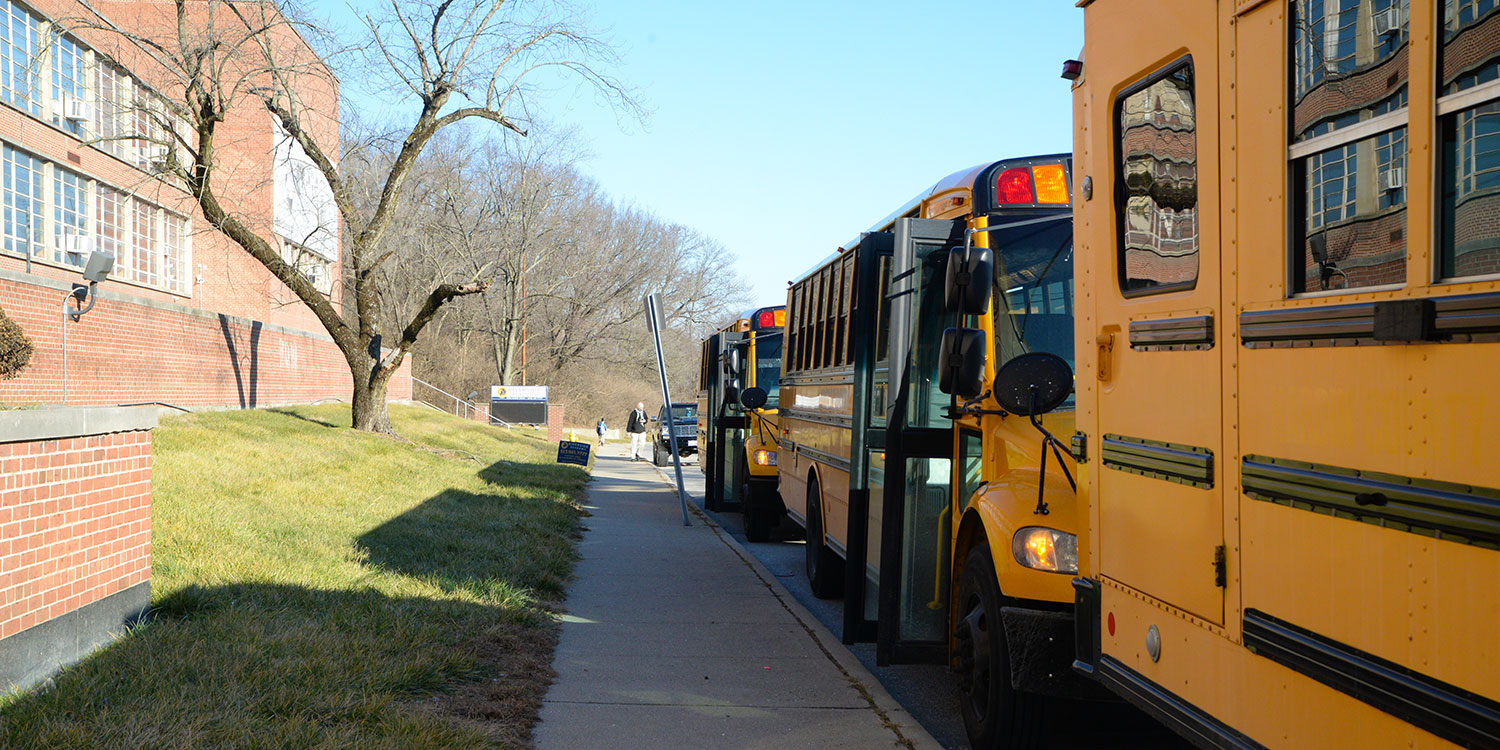 Busses lined up on curb with doors open.